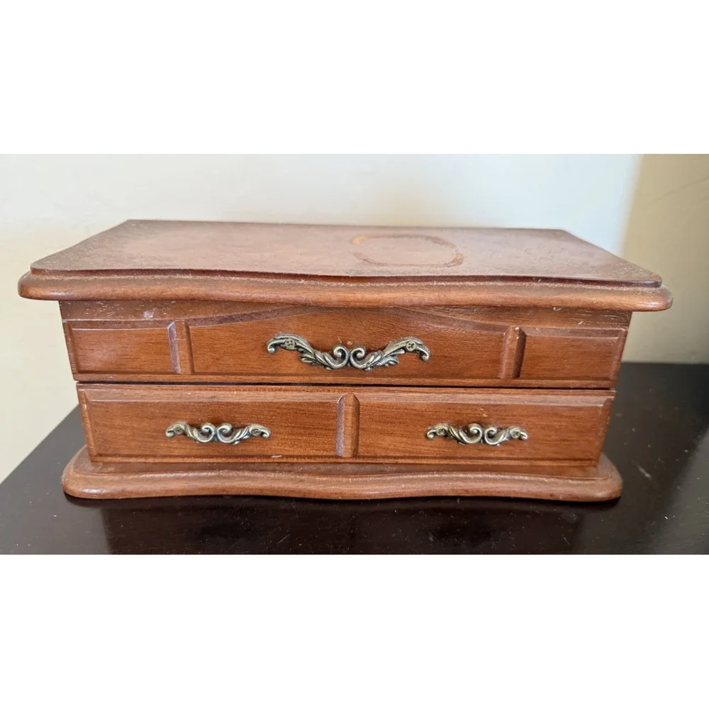 Vintage Wooden Velvet Lined Jewelry‎ Box Drawers Mirror Inside Lid 4 x 5 x  10
